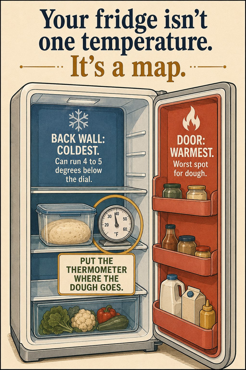 Illustrated cutaway of an open refrigerator. The back wall is shaded blue and labeled coldest, running 4 to 5 degrees below the dial. The door is shaded red and labeled warmest, worst spot for dough. A dial thermometer sits beside a container of dough on the middle shelf.