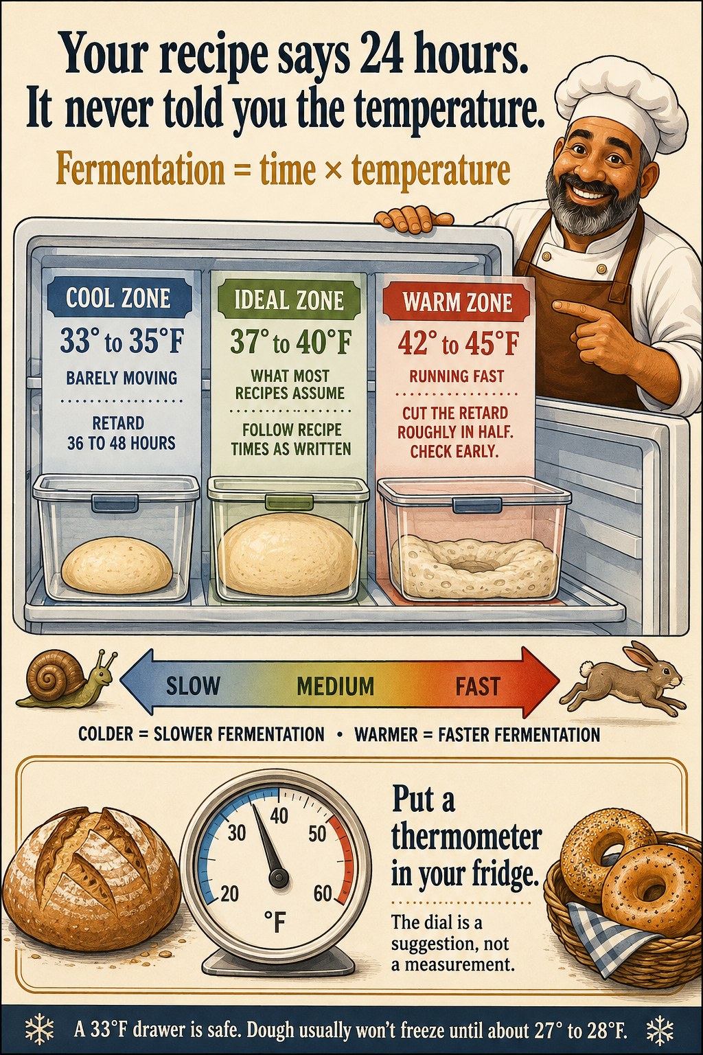 Illustrated chart of three fridge temperature zones. Cool zone, 33 to 35 degrees, dough barely risen, retard 36 to 48 hours. Ideal zone, 37 to 40 degrees, what most recipes assume, follow times as written. Warm zone, 42 to 45 degrees, dough over-proofed and collapsed, cut the retard roughly in half.