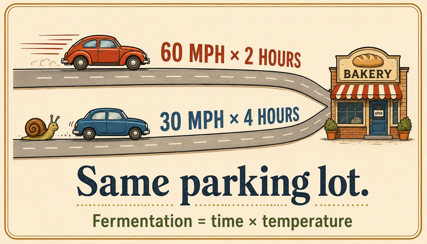 Illustration of two cars on separate roads arriving at the same bakery. The red car travels 60 miles an hour for 2 hours, the blue car 30 miles an hour for 4 hours. Caption reads: same parking lot.