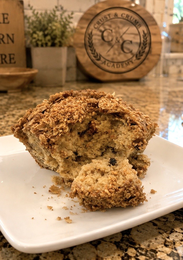 Cut piece of granola coffee cake on a white plate, tender open crumb with raisins suspended, Crust and Crumb Academy board behind it