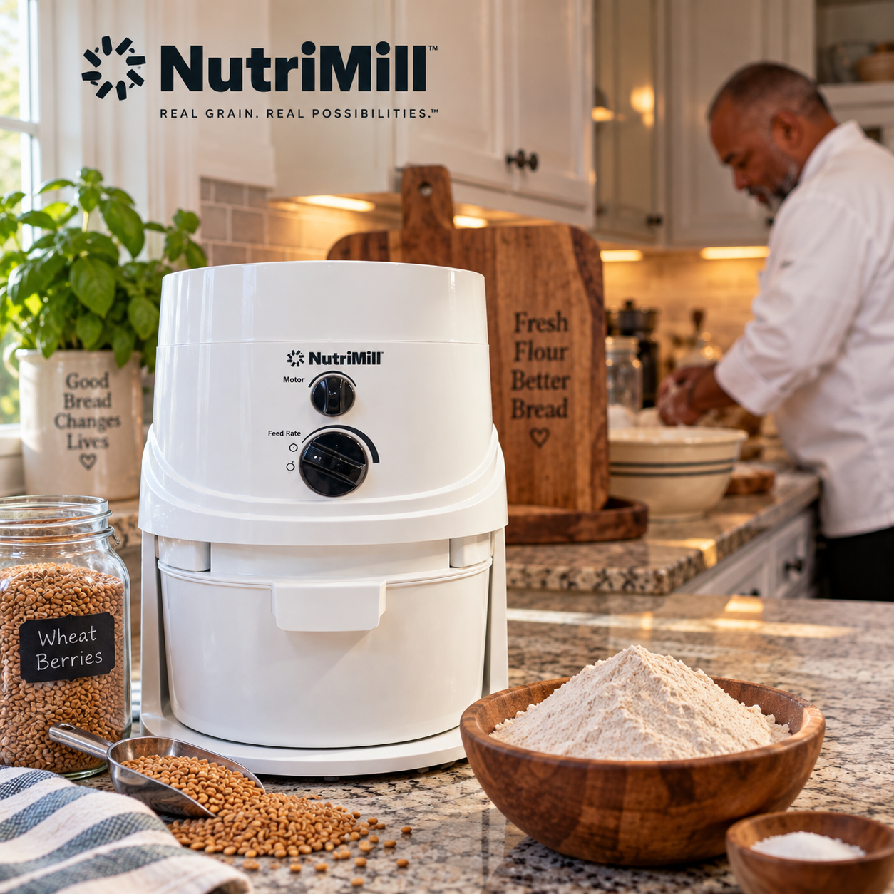 NutriMill on the kitchen counter with Henry working in the background