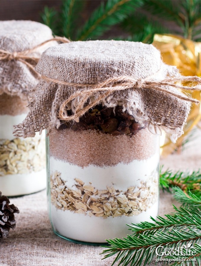 A mason jar packed with neatly layered dry cookie ingredients, tied with a ribbon, ready to sell beside the baked cookies