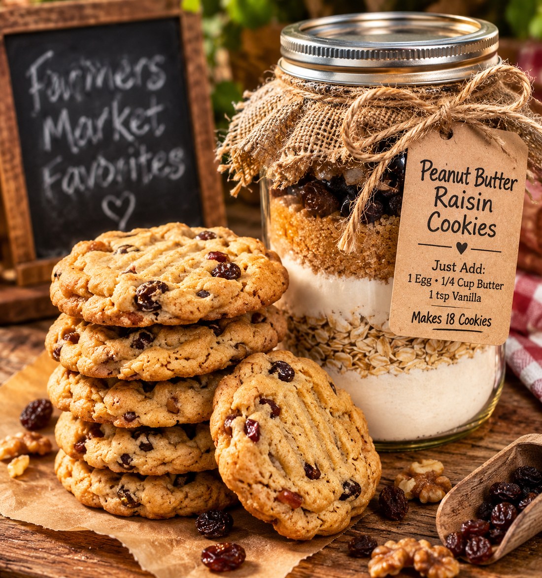 Cookies that move fast at the market: brown butter chocolate chip, peanut butter, snickerdoodle, s'mores, oatmeal raisin, and monster or M and M, with a holiday cookie mix jar upsell panel