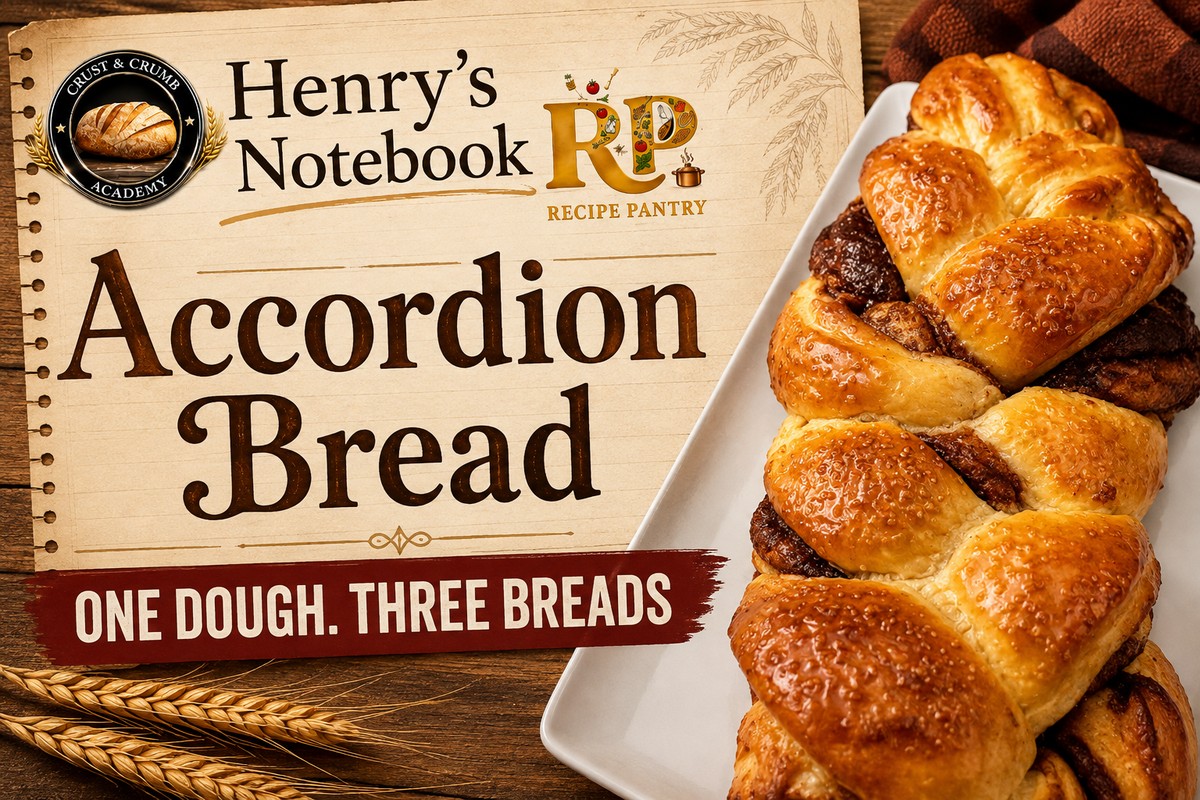 A glazed cinnamon accordion pull-apart loaf, a Henry's Notebook entry on enriched dough